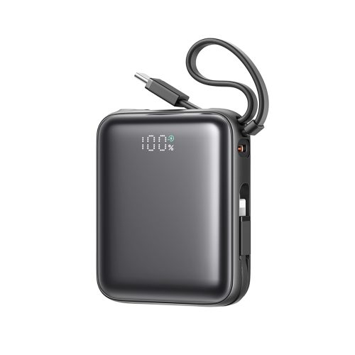 Powerbank 10000mAh 22.5W ar iebūvētu USB-C Lightning kabeli - melns