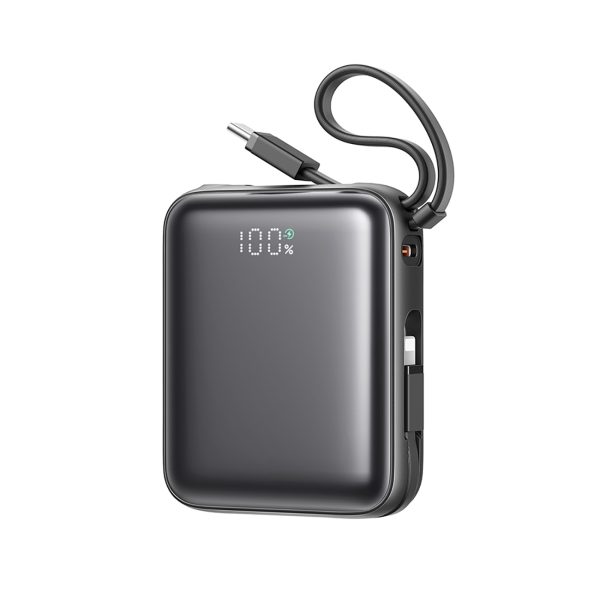Powerbank 10000mAh 22.5W ar iebūvētu USB-C Lightning kabeli - melns