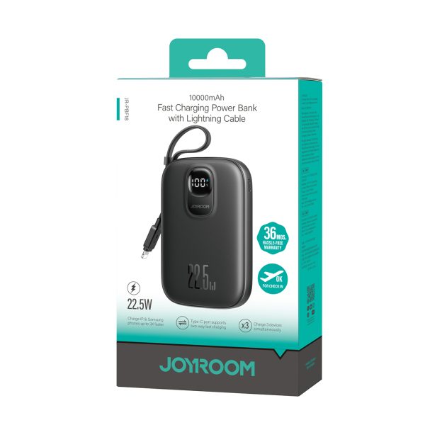 Powerbank 10000mAh ar iebūvētu 22,5 iPhone Lightning USB-C kabeli 0,25 cm - melns