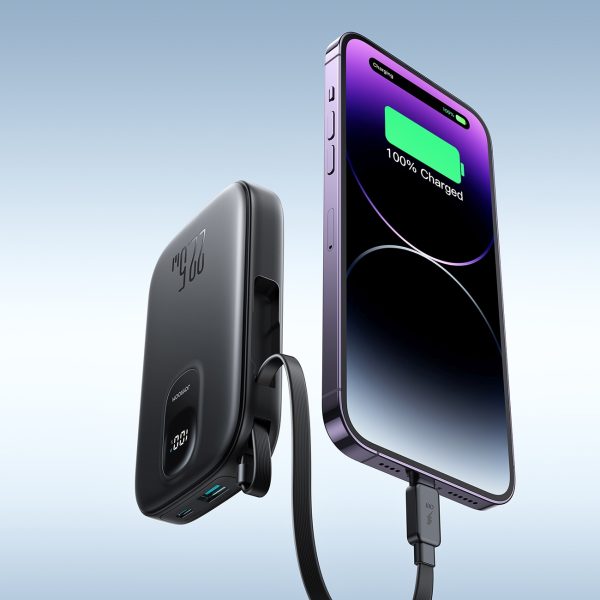 Powerbank 10000mAh ar iebūvētu 22,5 iPhone Lightning USB-C kabeli 0,25 cm - melns