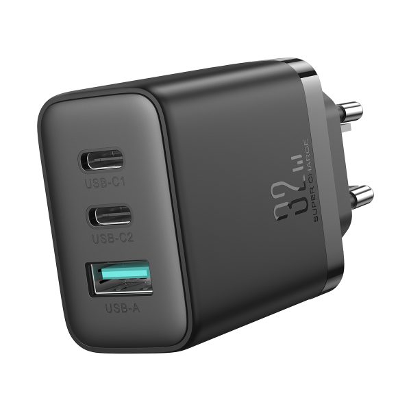 Ātrais lādētājs 2x USB-C / 1x USB-A 32W melns