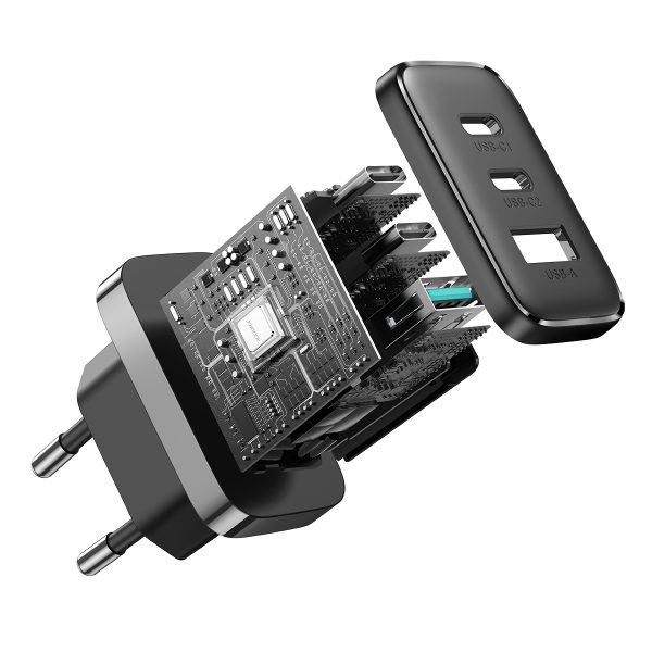 Ātrais lādētājs 2x USB-C / 1x USB-A 32W melns