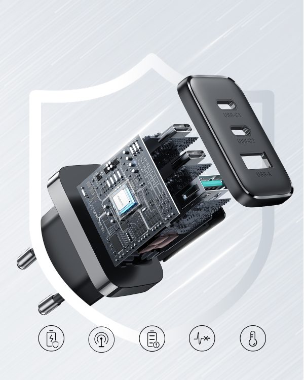 Ātrais lādētājs 2x USB-C / 1x USB-A 32W melns
