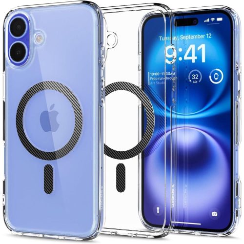iPhone 16 Ultra Hybrid MagSafe oglekļa šķiedras aizsargvāciņš — caurspīdīgi pelēks