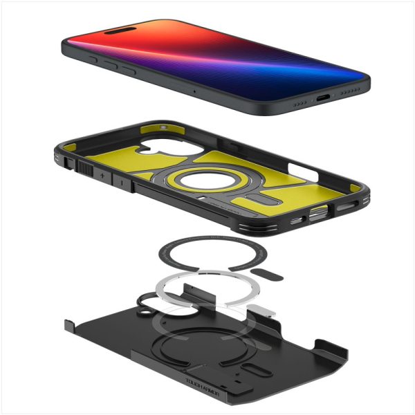 Izturīgs Armor MagSafe vāciņš ar statīvu iPhone 16 — melns