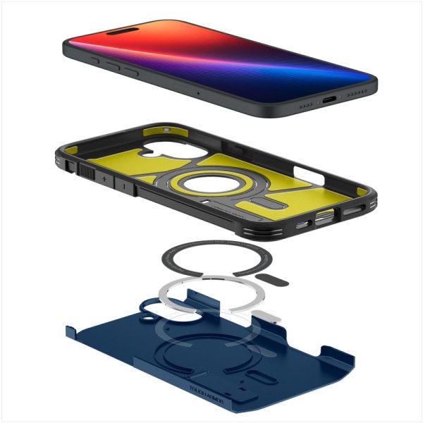 Izturīgs Armor MagSafe vāciņš ar statīvu iPhone 16 — zils