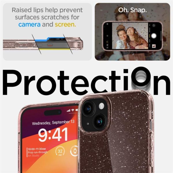 Šķidro kristālu mirdzošs iPhone 15 Plus vāciņš - rozā caurspīdīgs