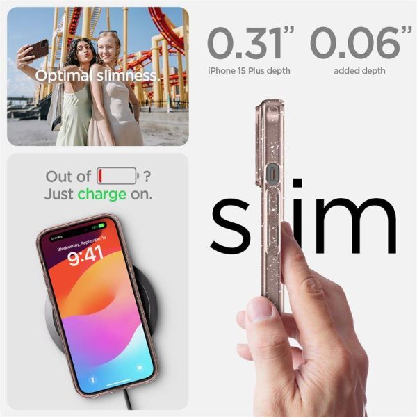 Šķidro kristālu mirdzošs iPhone 15 Plus vāciņš - rozā caurspīdīgs