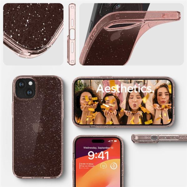 Šķidro kristālu mirdzošs iPhone 15 Plus vāciņš - rozā caurspīdīgs
