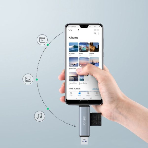 SD/micro SD atmiņas karšu lasītājs ar USB-C/USB-A savienotājiem - pelēks