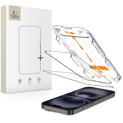 Rūdīts stikls iPhone 15 / 16 ar Quick Set+ uzstādīšanas rāmi - 2 gab.