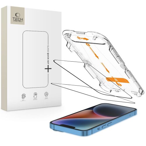 Rūdīts stikls iPhone 13 / 13 PRO / 14 / 16e ar Quick Set+ uzstādīšanas rāmi - 2 gab.