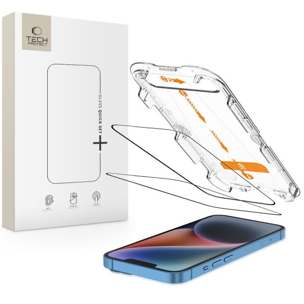 Rūdīts stikls iPhone 13 / 13 PRO / 14 / 16e ar Quick Set+ uzstādīšanas rāmi - 2 gab.