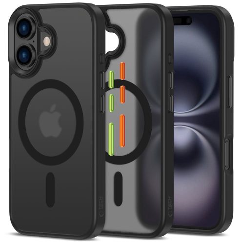 iPhone 16 vāciņš ar MagMat Magsafe pogu vāciņiem — matēti melns