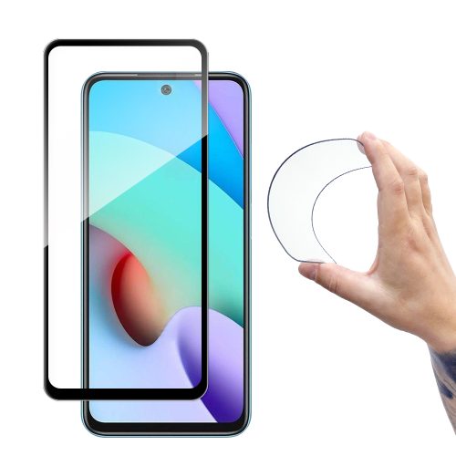 Rūdīta stikla plēve Xiaomi Redmi 10 ar pilna pārklājuma Flexi Nano rāmi - melna