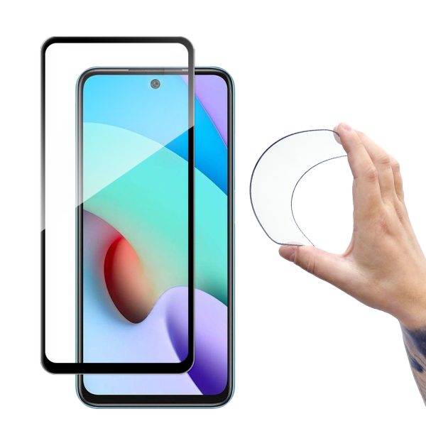 Rūdīta stikla plēve Xiaomi Redmi 10 ar pilna pārklājuma Flexi Nano rāmi - melna
