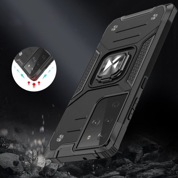 Bruņots hibrīda maciņš ar magnētisku turētāju Samsung Galaxy S22 Ultra Ring Armor - zils