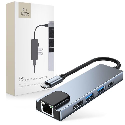 5in1 centrmezgls USB-C uz USB-C USB-A HDMI RJ45 sadalītājs - pelēks