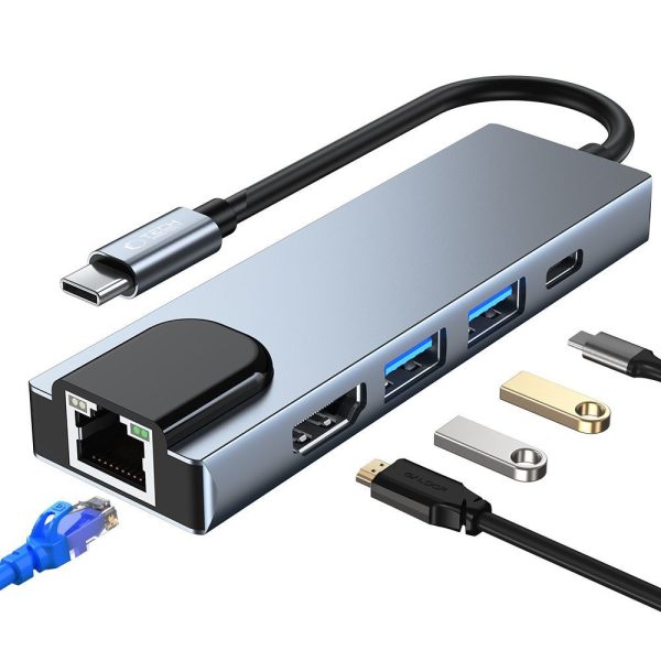 5in1 centrmezgls USB-C uz USB-C USB-A HDMI RJ45 sadalītājs - pelēks