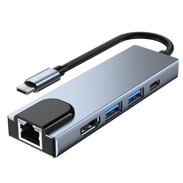 5in1 centrmezgls USB-C uz USB-C USB-A HDMI RJ45 sadalītājs - pelēks
