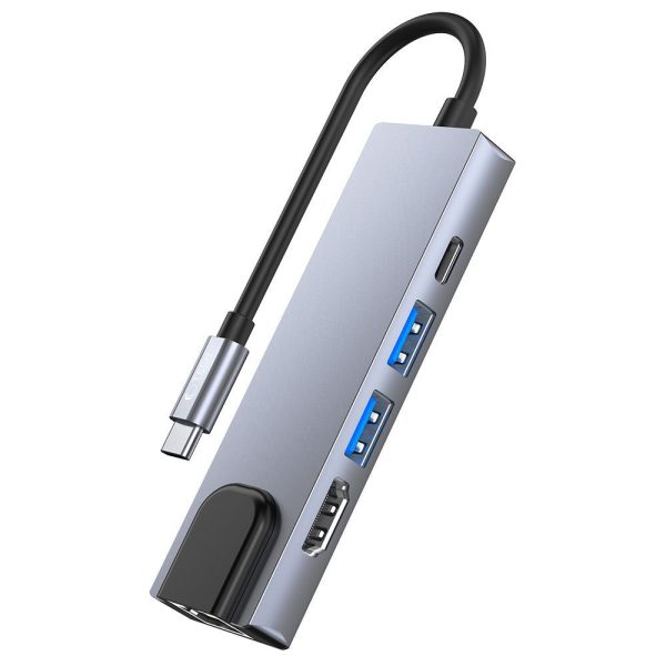 5in1 centrmezgls USB-C uz USB-C USB-A HDMI RJ45 sadalītājs - pelēks