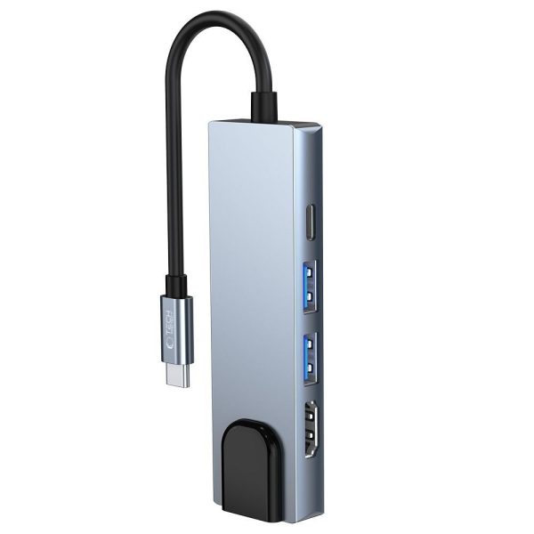5in1 centrmezgls USB-C uz USB-C USB-A HDMI RJ45 sadalītājs - pelēks