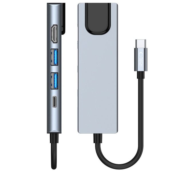 5in1 centrmezgls USB-C uz USB-C USB-A HDMI RJ45 sadalītājs - pelēks