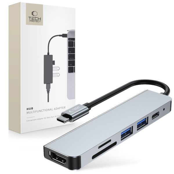 6in1 centrmezgls USB-C uz USB-A USB-C HDMI Micro SD / TF / SD sadalītājs - pelēks