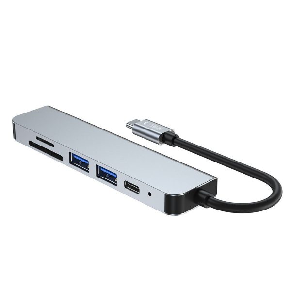 6in1 centrmezgls USB-C uz USB-A USB-C HDMI Micro SD / TF / SD sadalītājs - pelēks