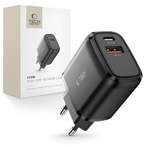 USB-C PD 20W / USB-A QC 3.0 sienas lādētājs - melns
