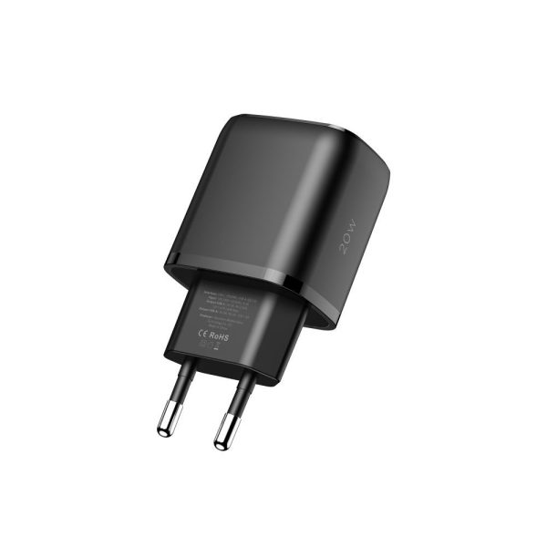 USB-C PD 20W / USB-A QC 3.0 sienas lādētājs - melns