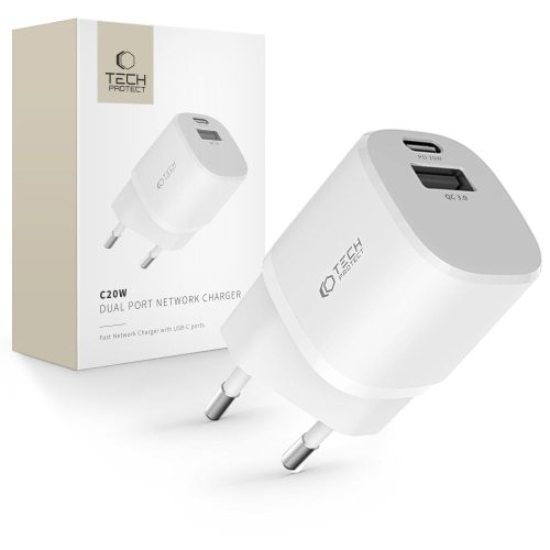 C20W mini USB-C PD 20W / USB-A QC 3.0 sienas lādētājs - balts