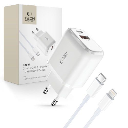 USB-C PD 20W / USB-A QC 3.0 sienas lādētājs ar USB-C / iPhone Lightning kabeli - balts