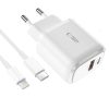 USB-C PD 20W / USB-A QC 3.0 sienas lādētājs ar USB-C / iPhone Lightning kabeli - balts