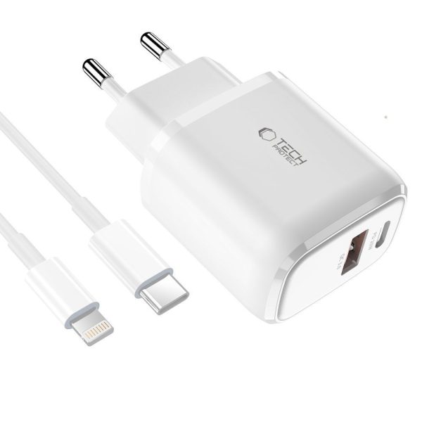 USB-C PD 20W / USB-A QC 3.0 sienas lādētājs ar USB-C / iPhone Lightning kabeli - balts