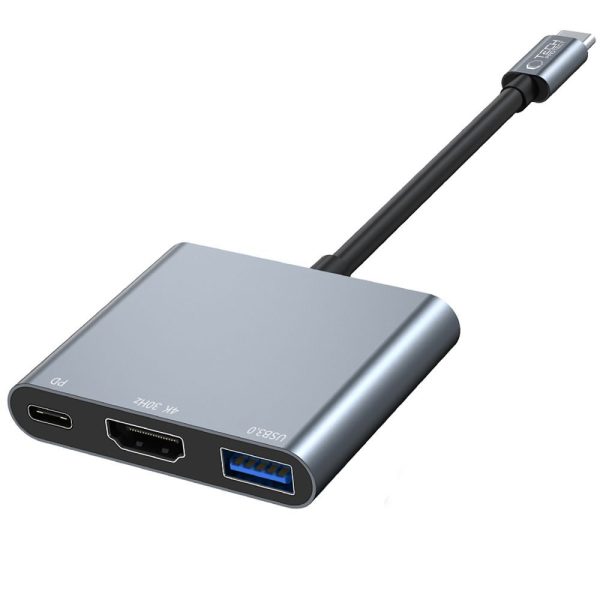 3in1 centrmezgls USB-C uz USB-A sadalītājs USB-C PD 100W HDMI 4K 30Hz - pelēks