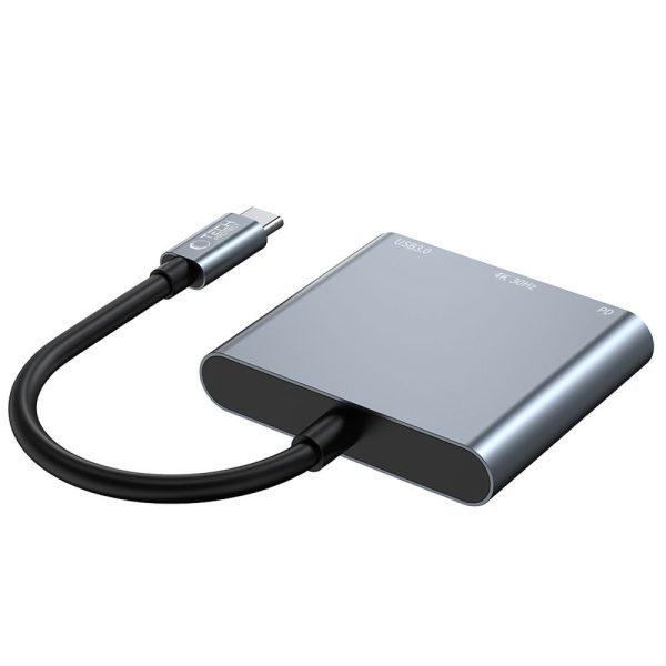 3in1 centrmezgls USB-C uz USB-A sadalītājs USB-C PD 100W HDMI 4K 30Hz - pelēks