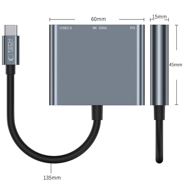 3in1 centrmezgls USB-C uz USB-A sadalītājs USB-C PD 100W HDMI 4K 30Hz - pelēks