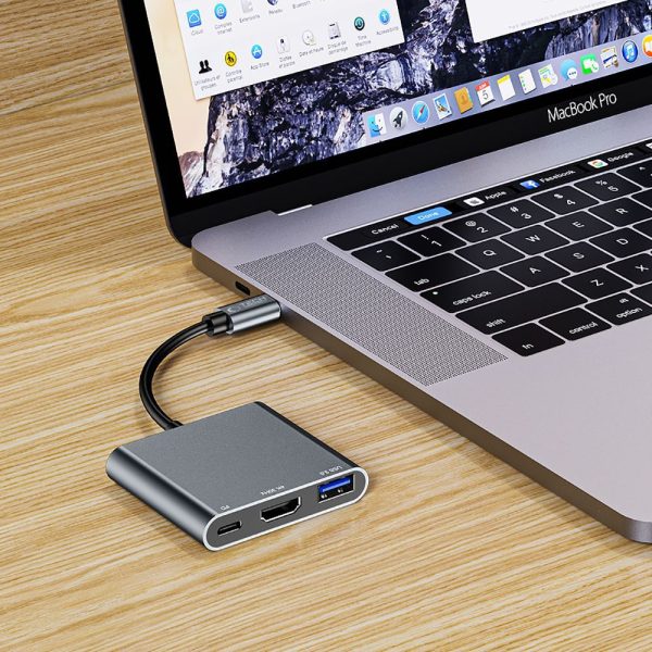 3in1 centrmezgls USB-C uz USB-A sadalītājs USB-C PD 100W HDMI 4K 30Hz - pelēks