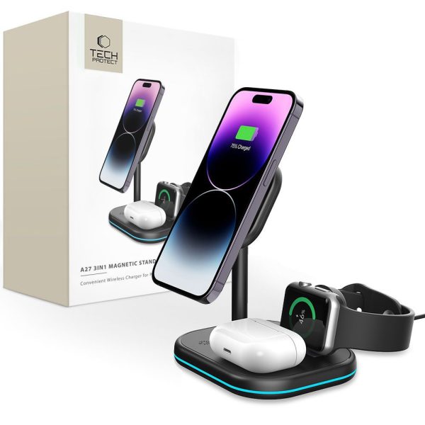3-in-1 MagSafe bezvadu lādētājs ar viedtālruņa statīvu Apple Watch AirPods austiņām - melns