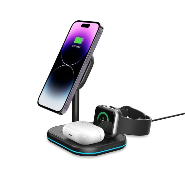 3-in-1 MagSafe bezvadu lādētājs ar viedtālruņa statīvu Apple Watch AirPods austiņām - melns