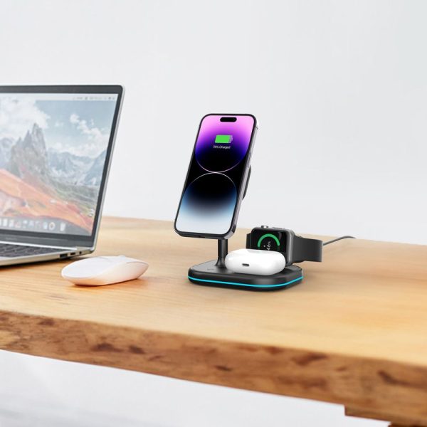 3-in-1 MagSafe bezvadu lādētājs ar viedtālruņa statīvu Apple Watch AirPods austiņām - melns
