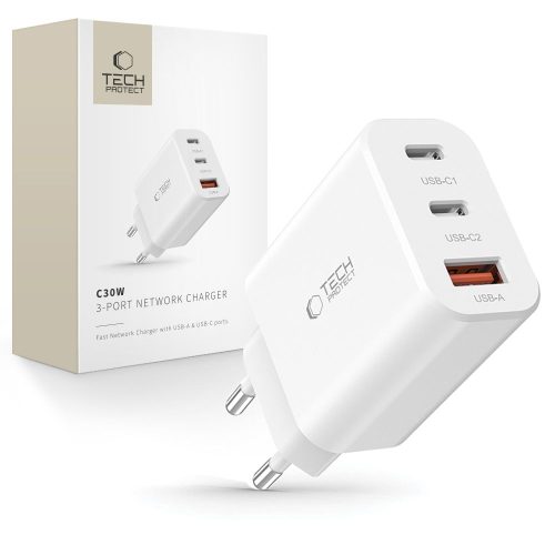2x USB-C PD / USB-A QC 30W sienas lādētājs - balts