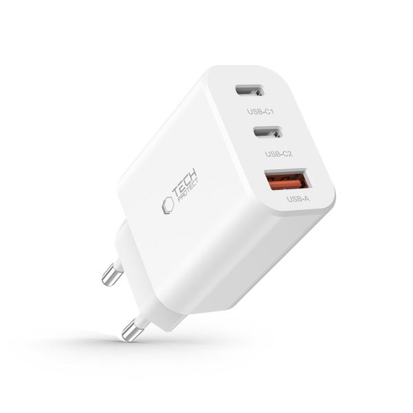 2x USB-C PD / USB-A QC 30W sienas lādētājs - balts