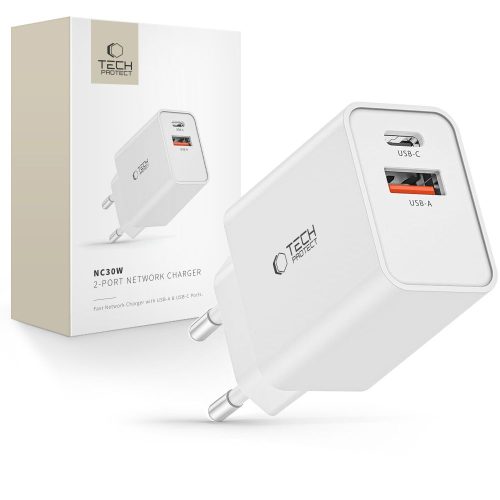 USB-C PD / USB-A QC 30W sienas lādētājs - balts