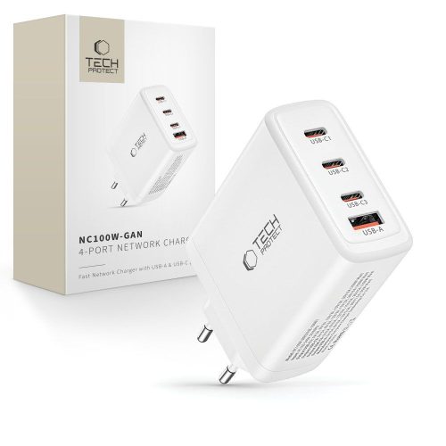 GaN 3x USB-C PD USB-A QC 100W sienas lādētājs - balts