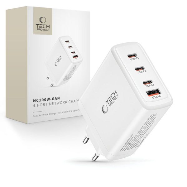 GaN 3x USB-C PD USB-A QC 100W sienas lādētājs - balts