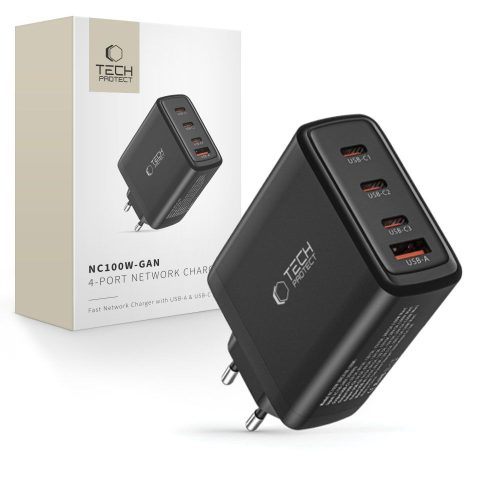 GaN 3x USB-C PD USB-A QC 100W sienas lādētājs - melns