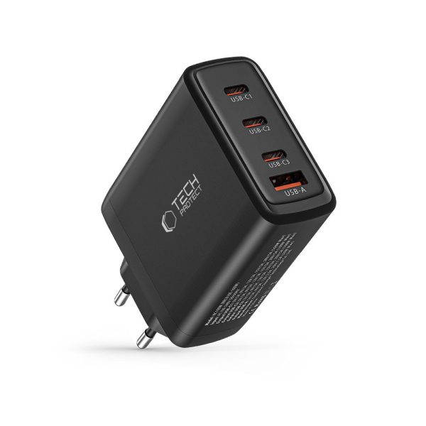 GaN 3x USB-C PD USB-A QC 100W sienas lādētājs - melns