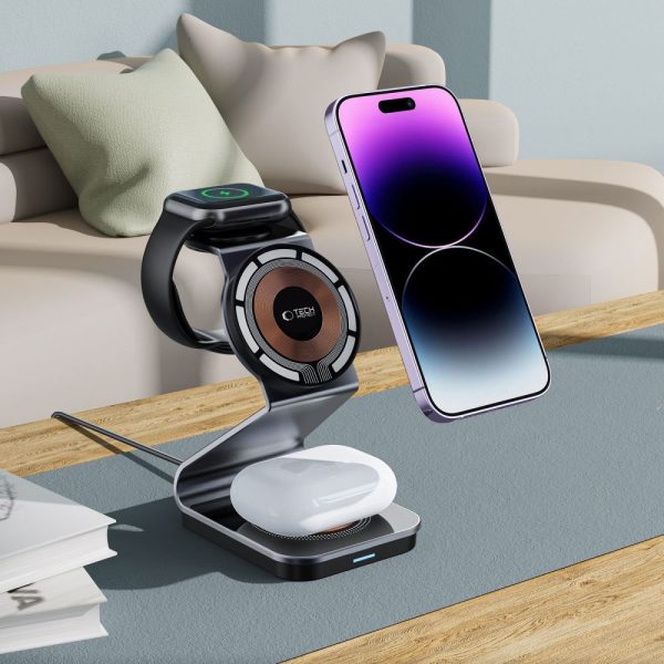 3-in-1 bezvadu lādētājs ar MagSafe tehnoloģiju Apple Watch AirPods viedtālrunim - melns
